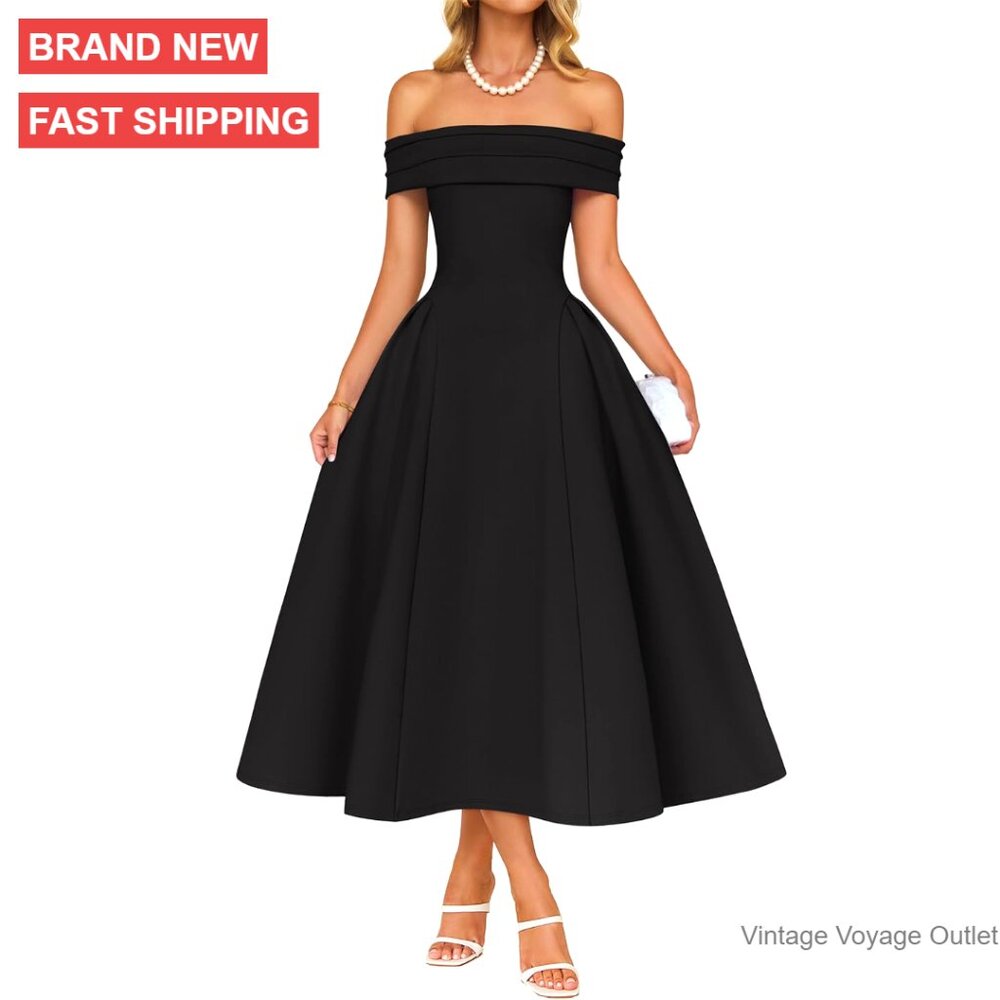Off Shoulder Cocktail Dress Midi Formal Party Swing A Line
